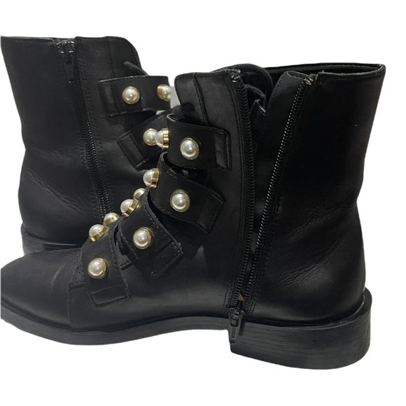 Zara Trafaluc Pearl Strap Lace Up Faux Leather Combat Ankle Boots Black … - Picture 8 of 14